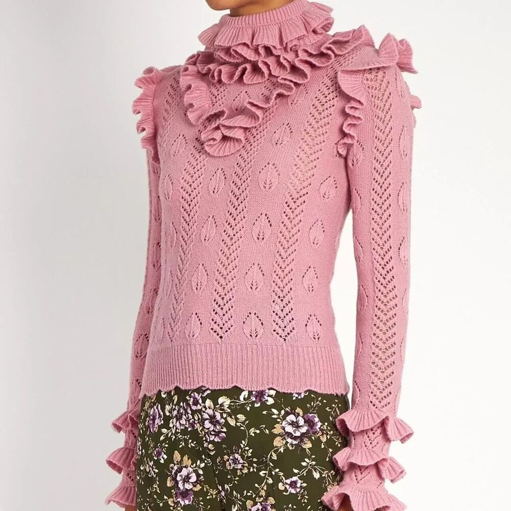 GUCCI Pink Lilac Roll Neck Ruffled Knit Wool Sweater, size M
